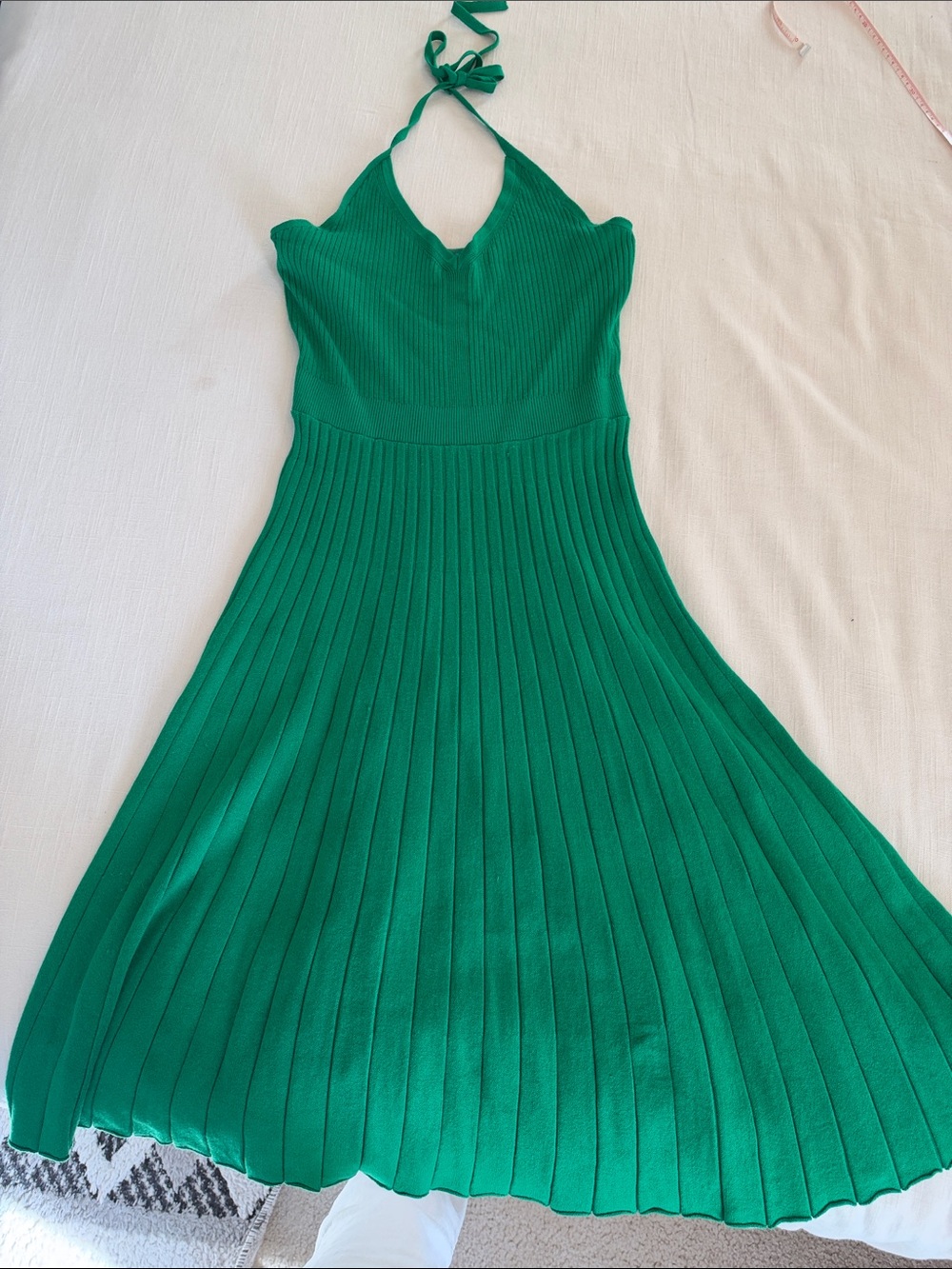 Green Halter Pleated Knit Dress
